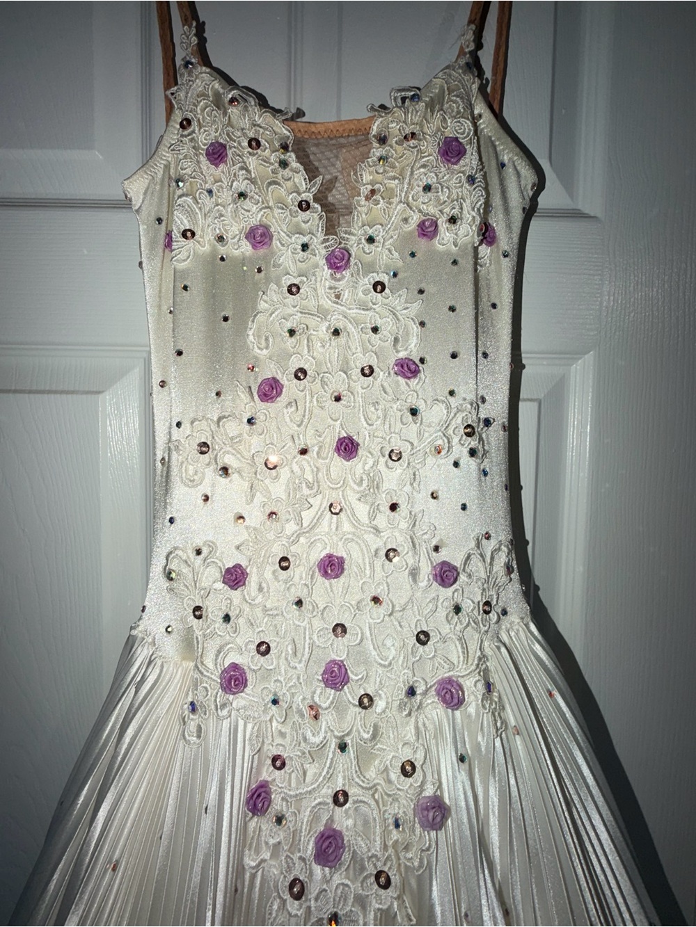 Ivory ostrich Feather-Trim Satin Maxi Dress with Lilac Accents - Picture 3 of 5